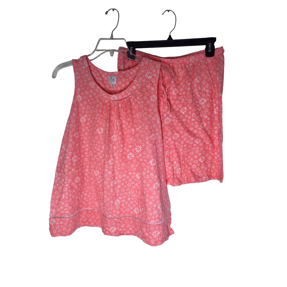 Aria Womens Pajama Set Medium Coral Pink Daisy Floral Tank Shorts 2 Piece Sleep